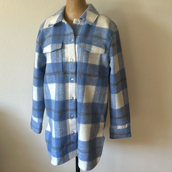 J Crew sz S navy hooded Long Line Short Jacket in white blue brown shacket VGUC - Picture 4 of 11